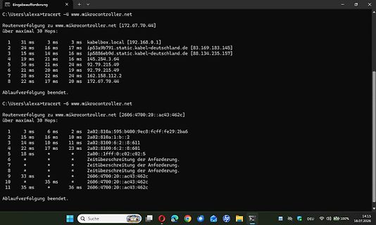 Tracer-Ausgabe von zwei Tracert-Befehlen