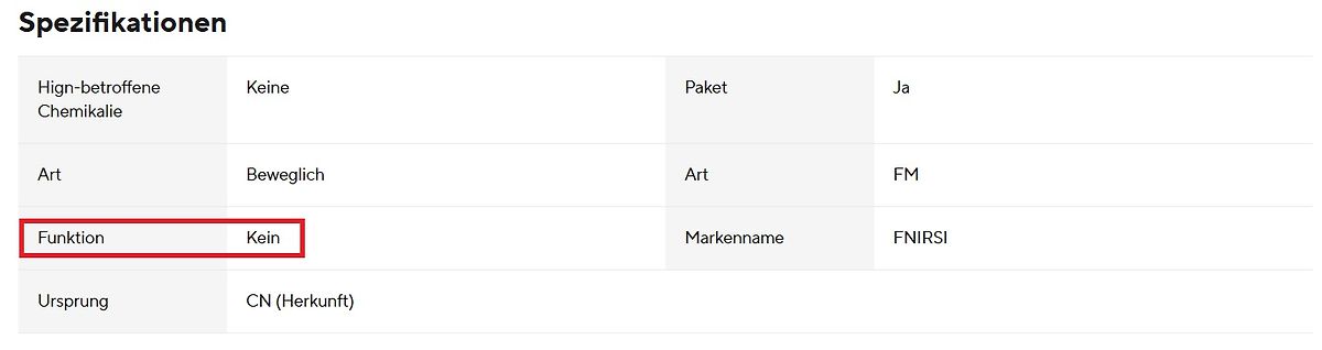 Tabellarische Spezifikationen eines Produkts
