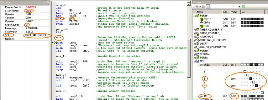Assembler-Code und Debugger-Ansicht eines Mikrocontrollers