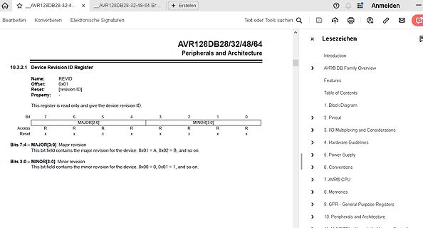 Datenblatt Ausschnitt AVR128DB Device Revision ID Register