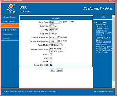 Webinterface einer USR Serial-to-Ethernet Konfiguration
