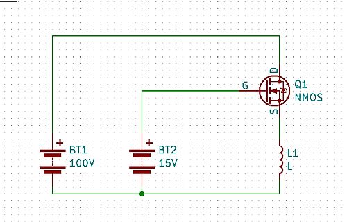 Schaltplan mit NMOS-Transistor, Batterien und Spule