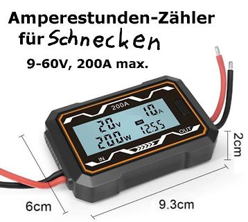 Amperestunden-Zähler für Schnecken 9-60V 200A max.