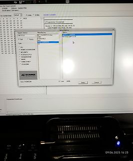 Abfotografierter Bildschirm einer Programmersoftware mit Chip-Auswahl