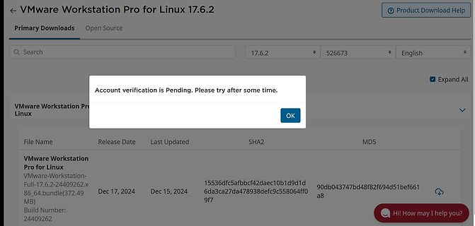 VMware Workstation Pro Download Website mit Fehlermeldung
