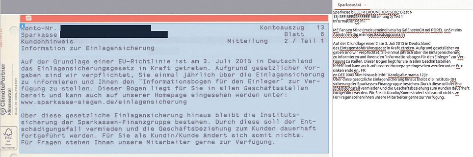 Abfotografierter Sparkassen-Kontoauszug mit Text zur Einlagensicherung