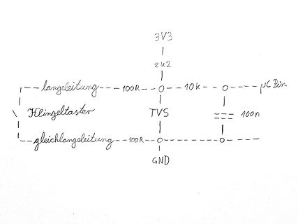 Handgezeichneter Schaltplan mit Taster und Pull-up Widerstand