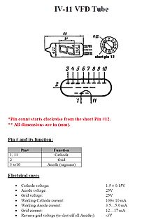 Datenblatt IV-11 VFD Tube Pinbelegung und Spezifikationen