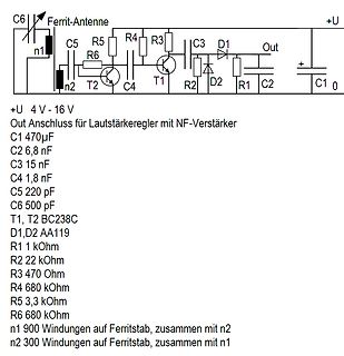 Schaltplan einer Ferrit-Antenne mit Verstärker