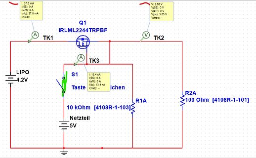 Schaltplan mit MOSFET, Widerständen und Messwerten