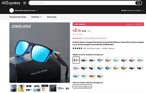 AliExpress Produktseite für Sonnenbrillen