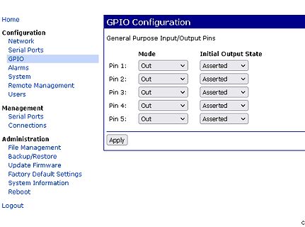 Screenshot einer GPIO-Konfiguration in einer Weboberfläche