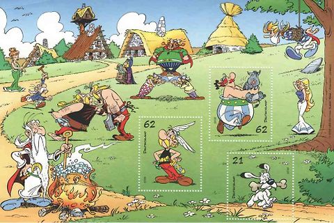 Comic-Illustration mit Briefmarkenmotiven