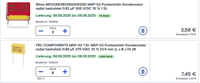 Online-Shop Produktliste für MKP-X2 Kondensatoren