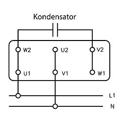 Schaltplan eines einphasigen Drehstrommotors mit Kondensator