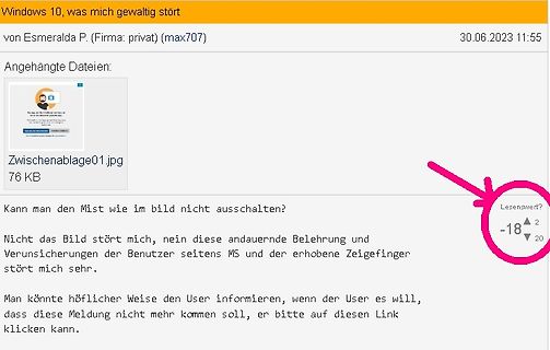 Screenshot eines Forenbeitrags über Windows 10