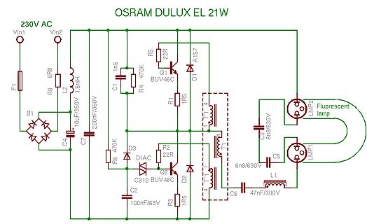 Schaltplan eines OSRAM DULUX EL 21W Vorschaltgeräts