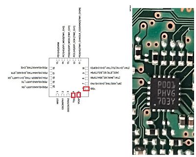 Pinbelegung eines Mikrocontrollers und Foto einer Leiterplatte