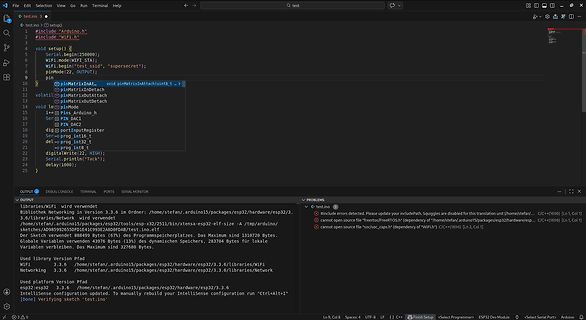 Code-Editor mit Arduino-Sketch und Fehlermeldungen