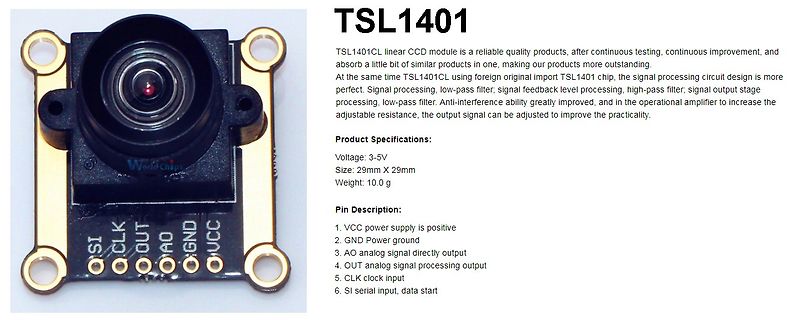 TSL1401 CCD Modul mit Datenblatt-Ausschnitt