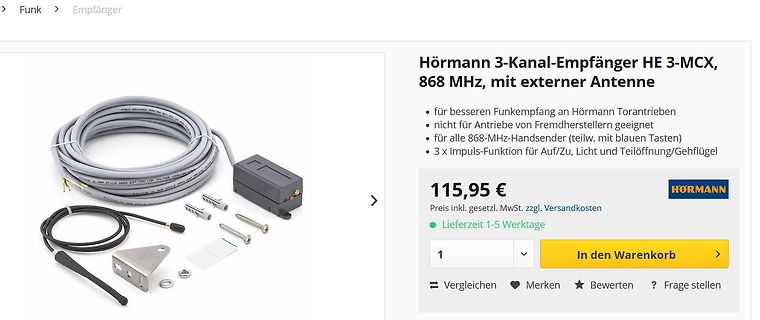 Produktseite eines Hörmann 3-Kanal-Empfängers