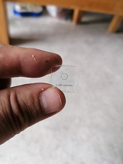 Hand hält ein kleines transparentes Mikrometer-Gitter