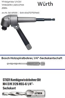 Werkzeuge: Winkelgetriebe, Holzspiralbohrer und Kombigewindebohrer Bit