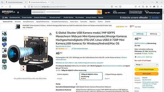 Amazon-Produktseite einer USB-Webcam