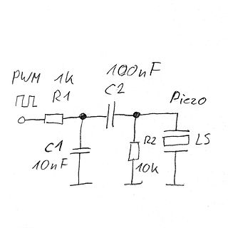 Handgezeichneter Schaltplan mit PWM-Eingang und Piezo-Lautsprecher