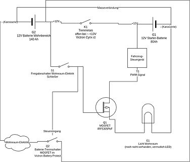 Schaltplan einer Batterietrennung mit MOSFET