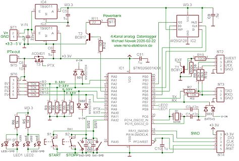 Schaltplan eines 4-Kanal analog Datenloggers