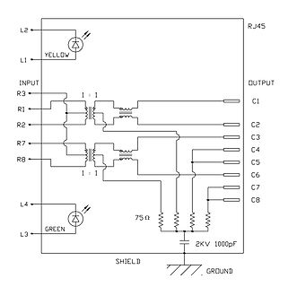 Schaltplan eines RJ45 Magnetics Moduls