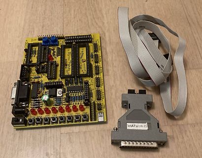 Mikrocontroller-Entwicklungsboard mit Flachbandkabel und DB9-Stecker