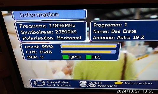 Satellitenfernseher Informationsmenü mit Signalwerten