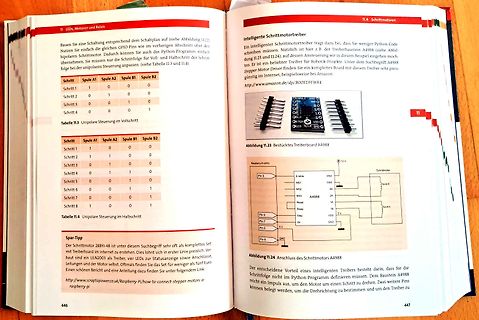 Aufgeschlagene Buchseite mit Text und Foto eines A4988 Treibers