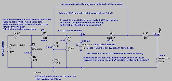 Schaltplan eines Shuntreglers zur Kompensation der Selbstentladung einer Motorradbatterie