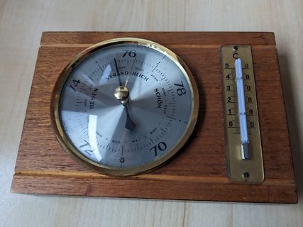Barometer und Thermometer auf Holzbrett