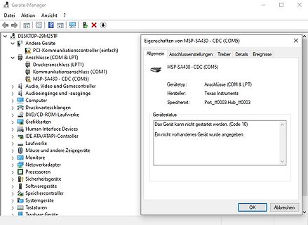 Windows Geräte-Manager Fehlermeldung MSP-SA430 CDC