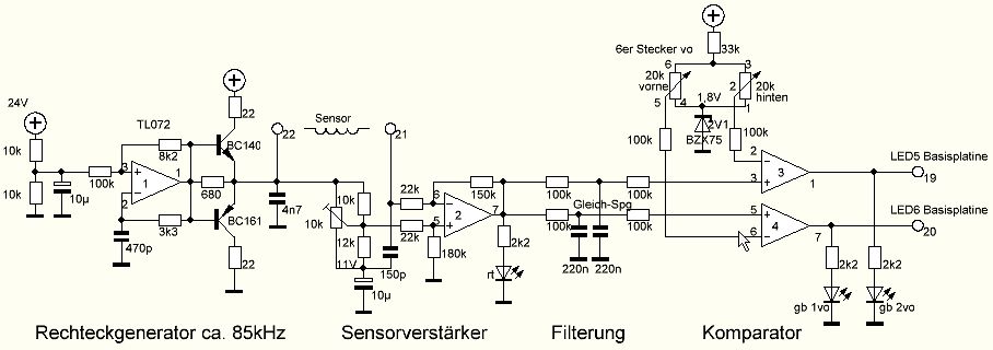Schaltplan eines Rechteckgenerators mit Sensorverstärker und Komparator