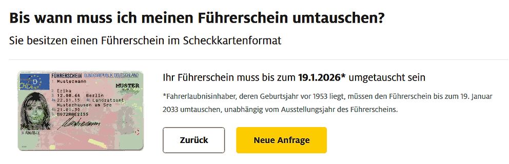 Webseite zur Umtauschfrist eines Führerscheins