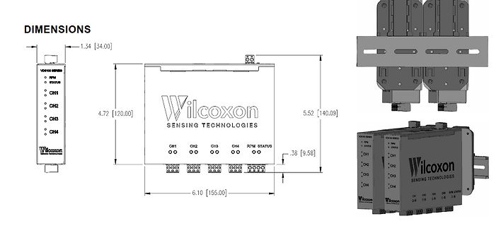 Technische Zeichnung und 3D-Modell der Wilcoxon Sensing Technologies Dimensionen