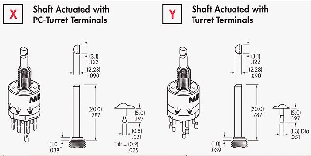 Technische Zeichnung von Schaltern mit Turret-Anschlüssen