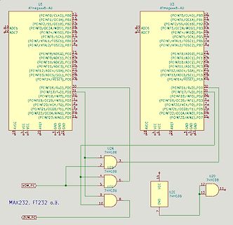 Schaltplan eines ATmega8 Mikrocontrollers mit Logikgattern