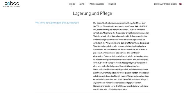 Webseite mit Informationen zur Lagerung und Pflege von E-Bike Akkus