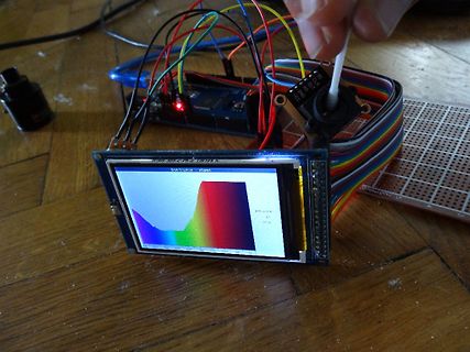 Mikrocontroller-Aufbau mit Display und bunten Kabeln