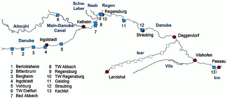 Karte der Donau und Nebenflüsse mit Ortschaften