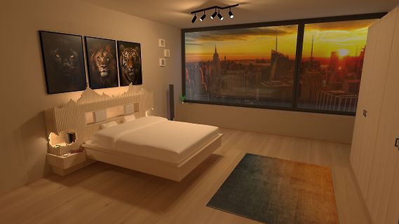 Modernes Schlafzimmer mit Stadtpanorama-Wandbild und Tierbildern