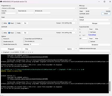 AVRDUDE Softwareoberfläche und Fehlermeldung in der Konsole
