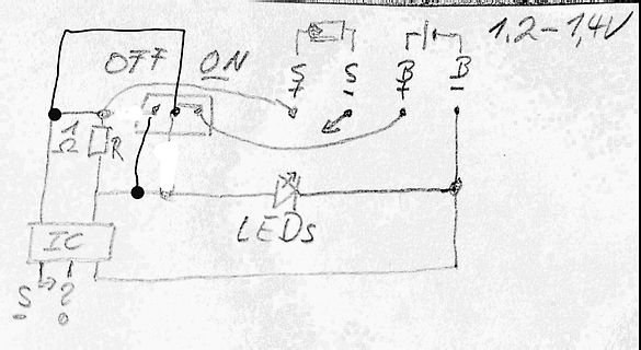 Handgezeichneter Schaltplan mit Schalter, Widerstand, IC und LEDs