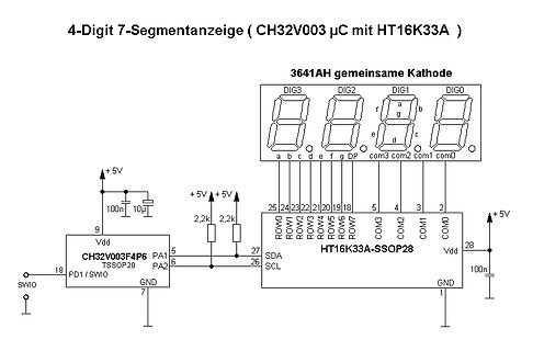 Schaltplan CH32V003 mit HT16K33A und 7-Segment-Anzeige